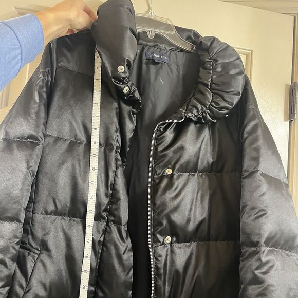 Lands' End Women M 10-12 Black Satin Down Puffer Jacket Knee Length Full Zip EUC - Picture 16 of 16